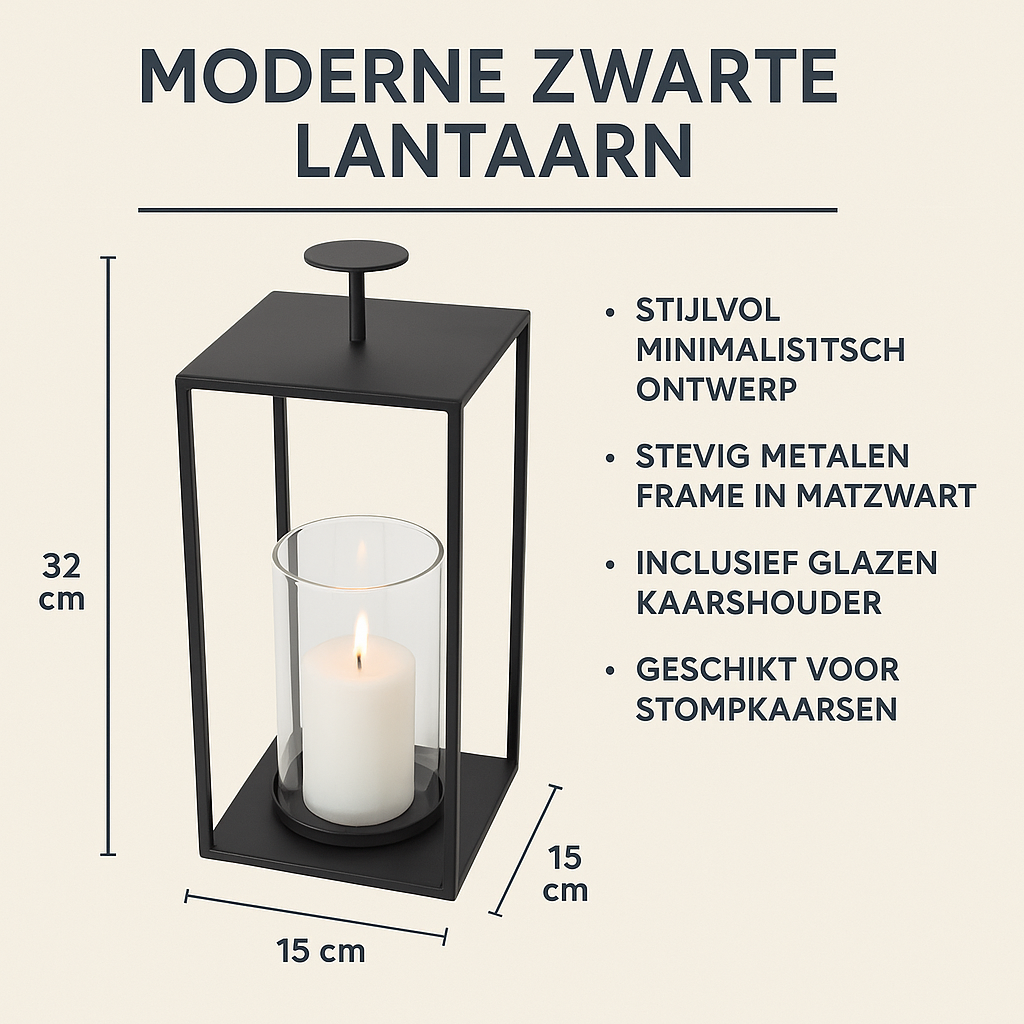 LOFT42 Lantaarn Bradley met Glas - Zwart - 32x15x15