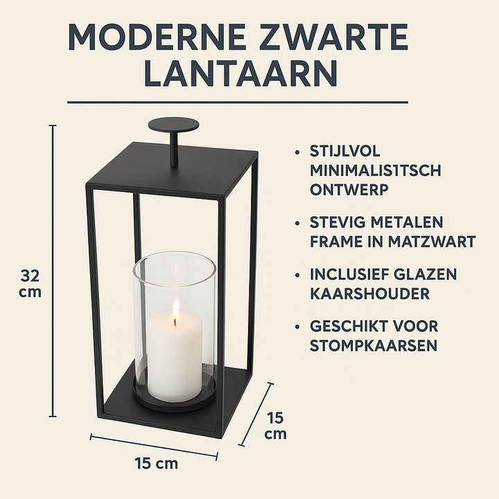 LOFT42 Lantaarn Bradley met Glas - Zwart - 32x15x15