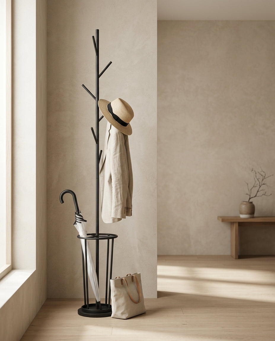 Standing coat rack with integrated umbrella stand — Japandi Entryway Lifestyle | Generated by Modelize