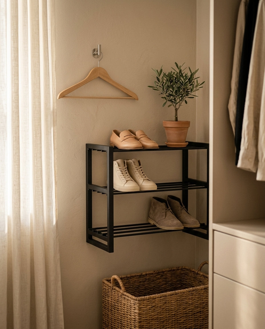 Wall-mounted shoe rack — Lifestyle Wardrobe Setting | Generated by Modelize