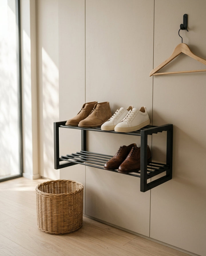 Modern zwart schoenenrek tegen een beige muur.