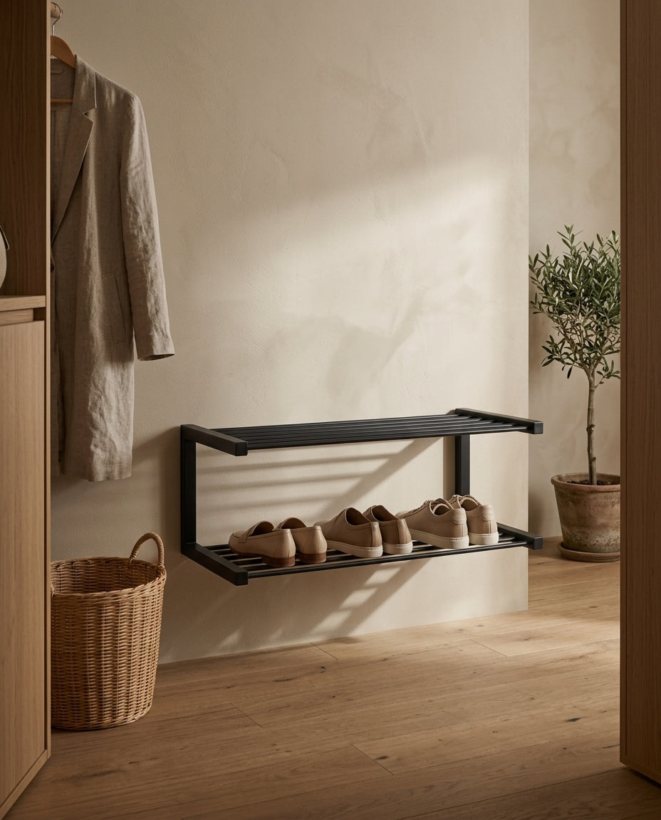 Wall-mounted shoe rack — Lifestyle Wardrobe Setting | Generated by Modelize