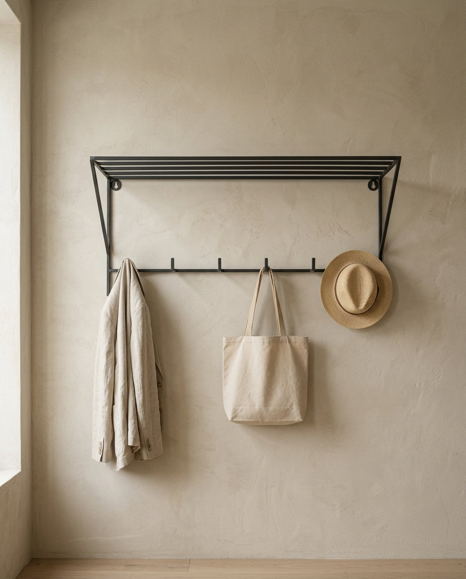 Wall-mounted coat rack with shelf — Japandi entryway lifestyle | Generated by Modelize