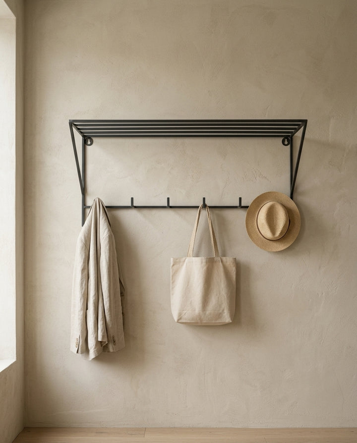 Wall-mounted coat rack with shelf — Japandi entryway lifestyle | Generated by Modelize
