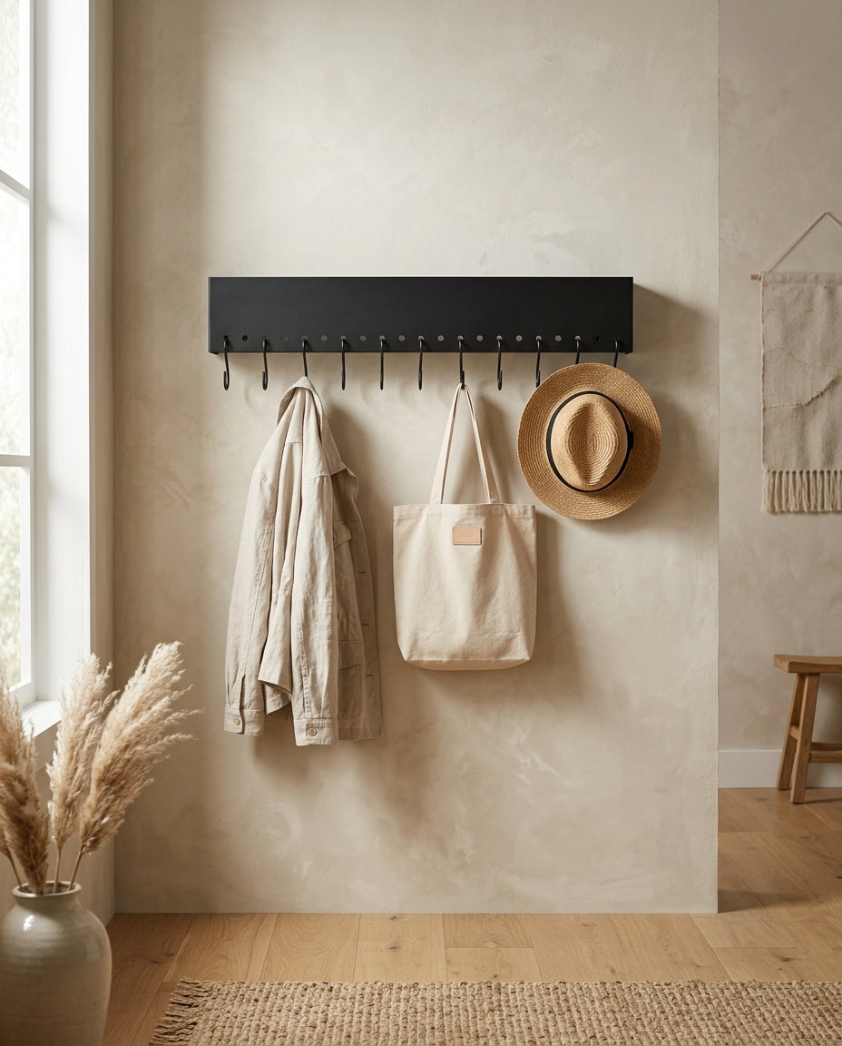Zwart metalen wandkapstok gemonteerd aan een muur in een modern interieur.
