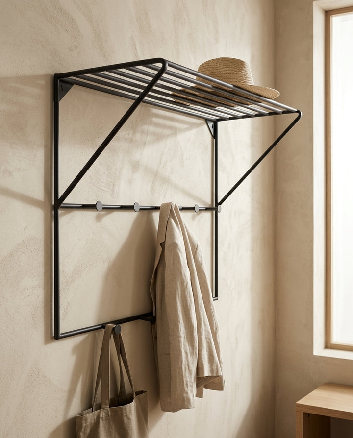 Wall-mounted coat rack with shelf — Japandi Entryway Lifestyle | Generated by Modelize
