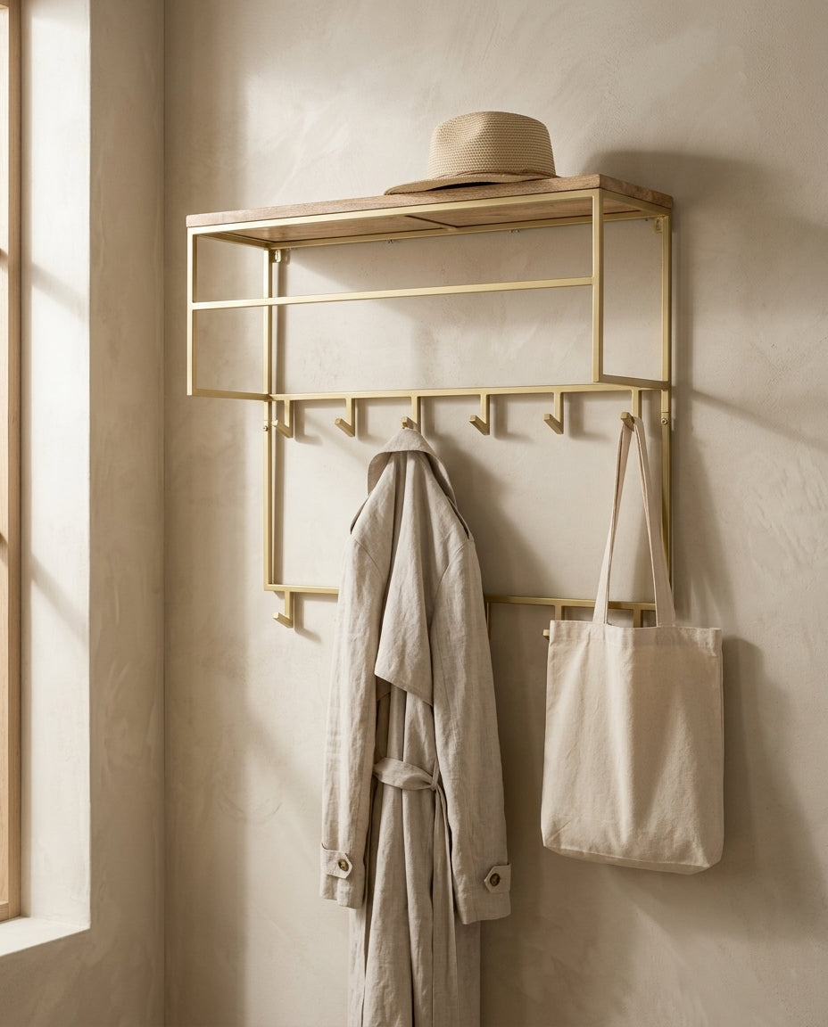 Wall-mounted coat rack with shelf — Japandi Entryway Lifestyle | Generated by Modelize