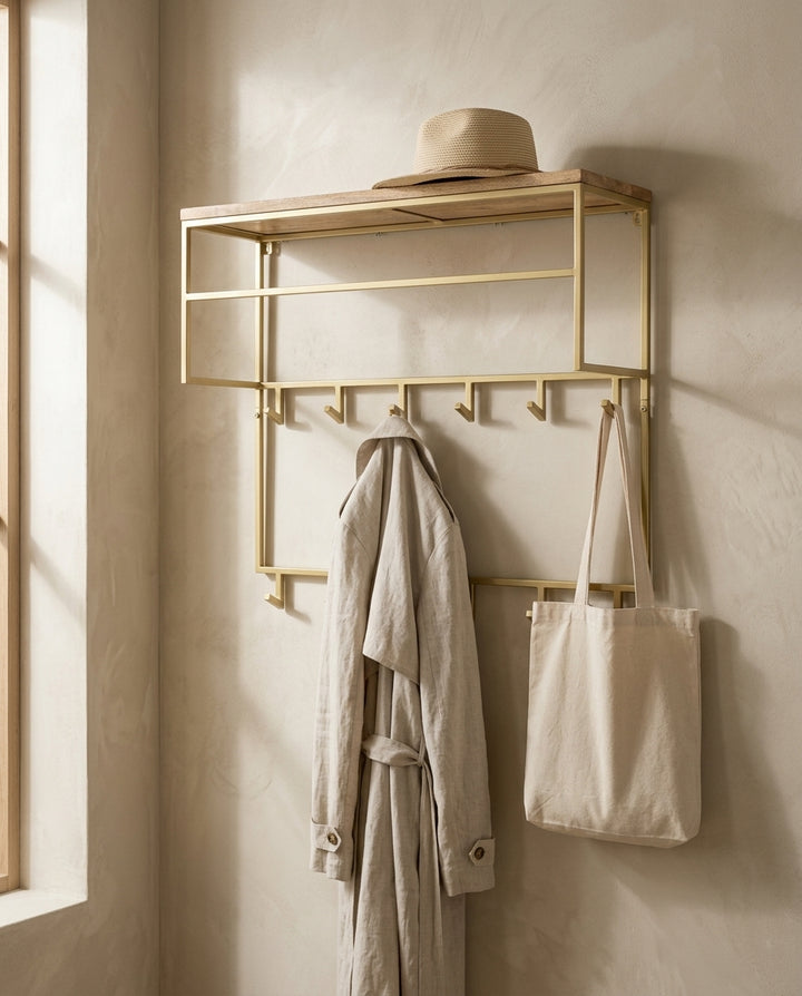 Wall-mounted coat rack with shelf — Japandi Entryway Lifestyle | Generated by Modelize