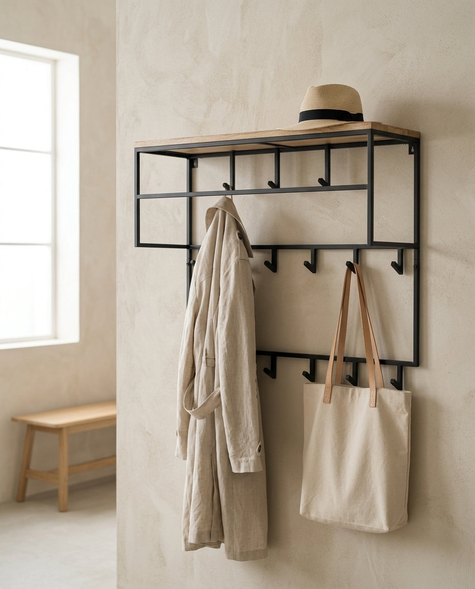 Wall-mounted coat rack with shelf — Japandi Entryway Lifestyle | Generated by Modelize