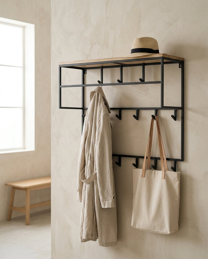 Wall-mounted coat rack with shelf — Japandi Entryway Lifestyle | Generated by Modelize