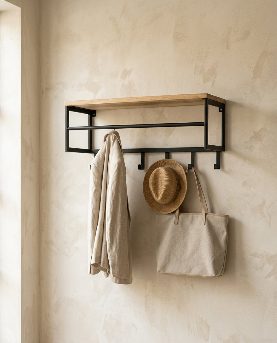 Wall-mounted coat rack with shelf and rod — lifestyle_japandi_hallway | Generated by Modelize