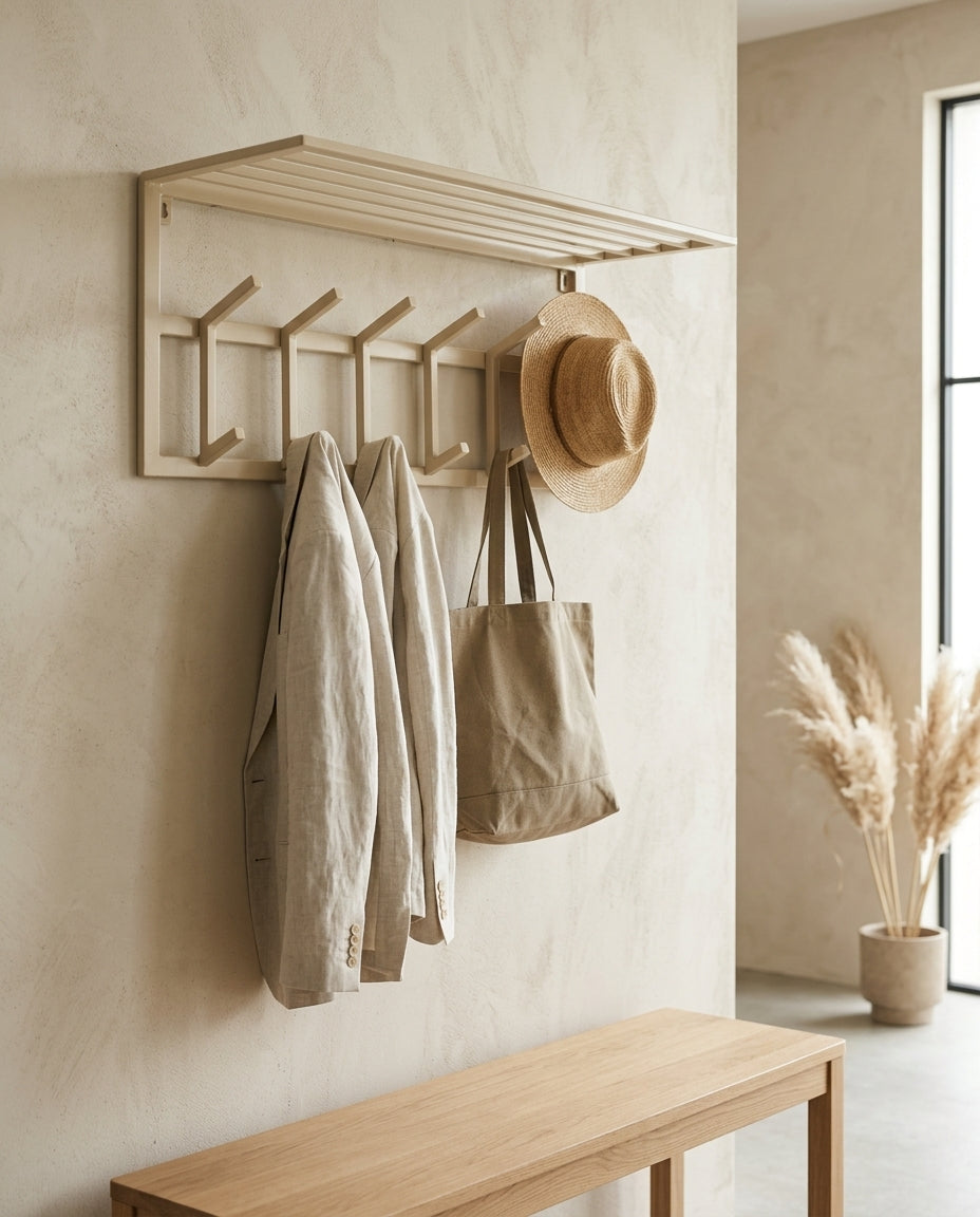 Wall-mounted coat rack with shelf — Japandi Entryway Lifestyle | Generated by Modelize