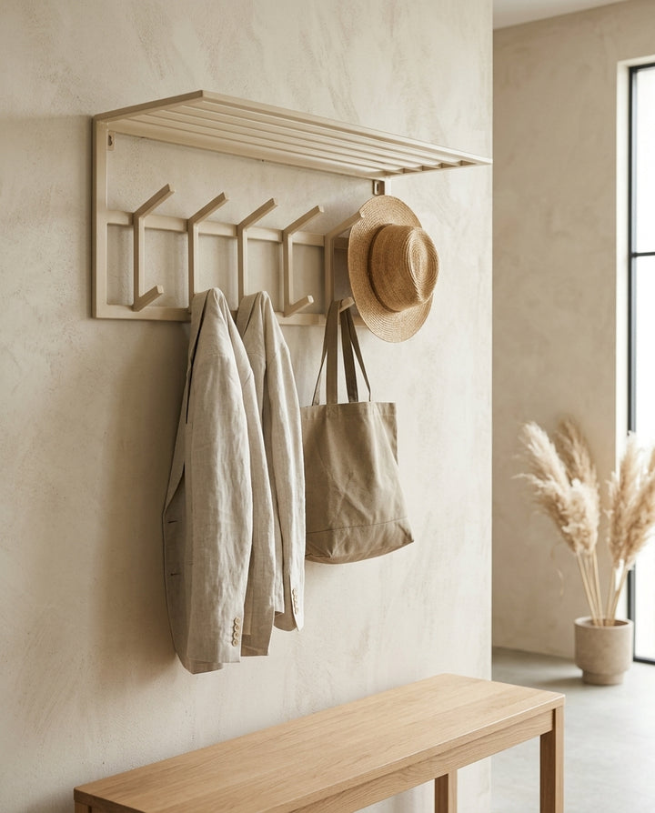 Wall-mounted coat rack with shelf — Japandi Entryway Lifestyle | Generated by Modelize