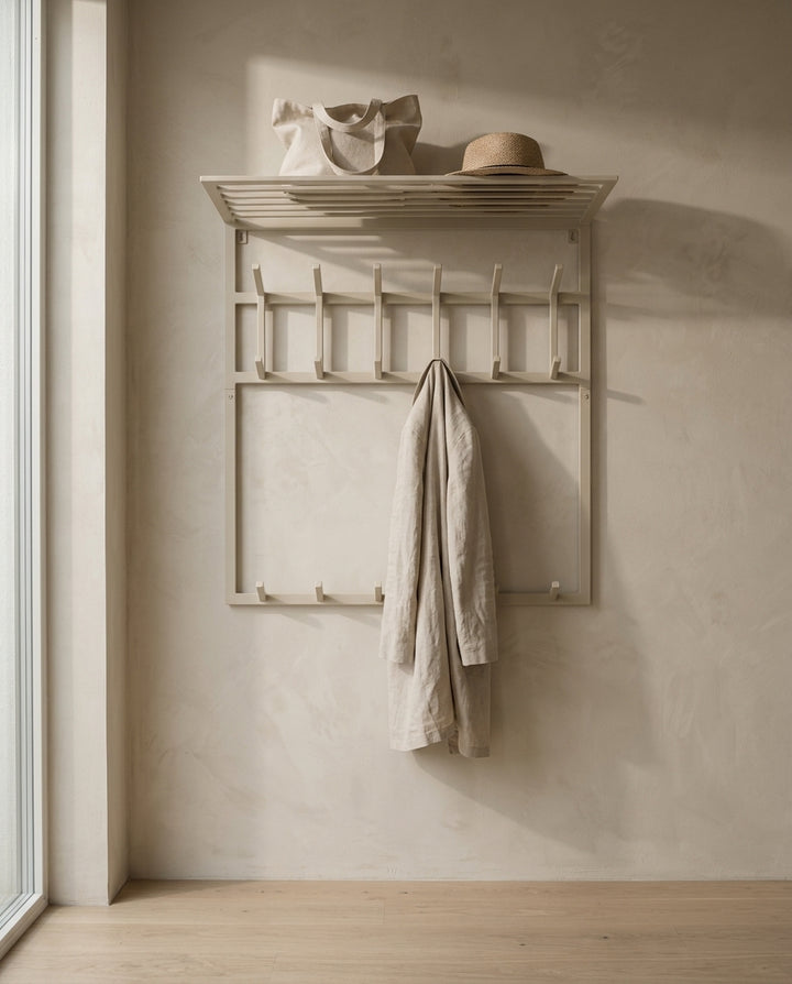 Wall-mounted coat rack with top shelf — Japandi Entryway Lifestyle | Generated by Modelize