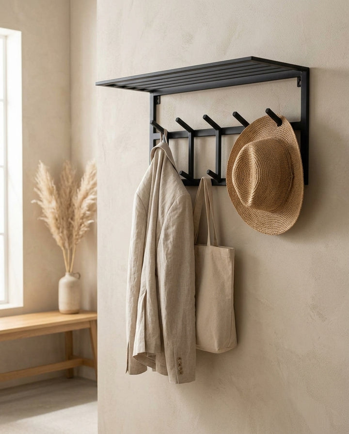 Wall-mounted coat rack with hat shelf — Japandi Entryway Lifestyle | Generated by Modelize