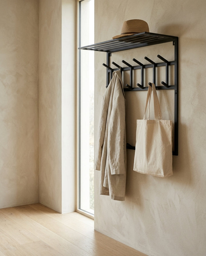 Wall-mounted coat rack with top shelf — Japandi Entryway Lifestyle | Generated by Modelize