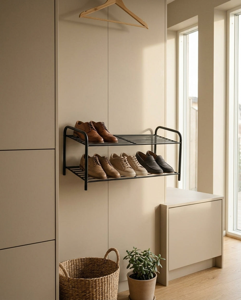 Zwart schoenenrek in een hal met schoenen