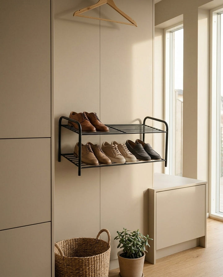 Zwart schoenenrek in een hal met schoenen
