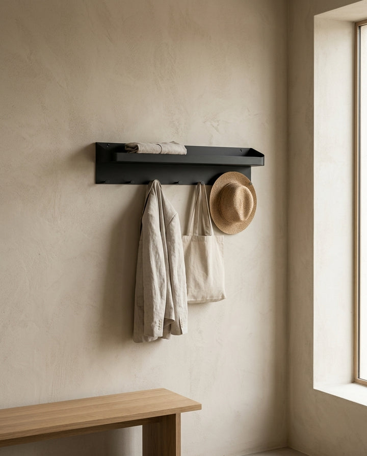Wall-mounted coat rack with integrated shelf — Japandi entryway lifestyle | Generated by Modelize