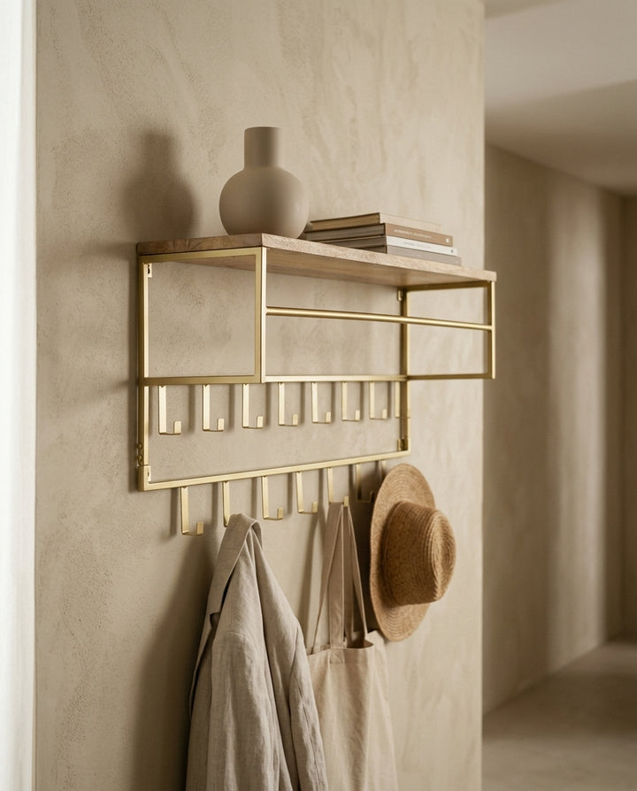 Wall-mounted coat rack with shelf — Japandi Lifestyle Entryway | Generated by Modelize