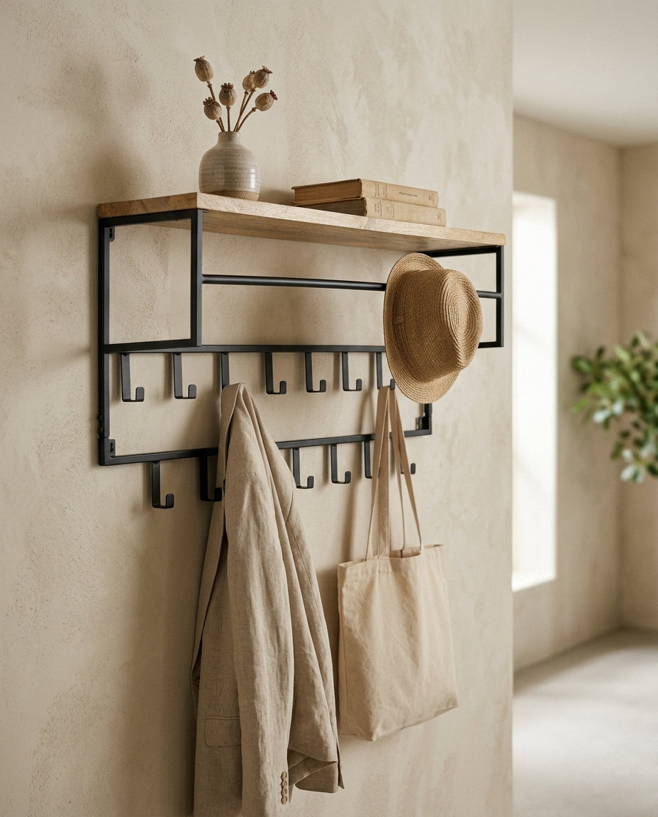 Wall-mounted coat rack with shelf — Japandi Lifestyle Entryway | Generated by Modelize