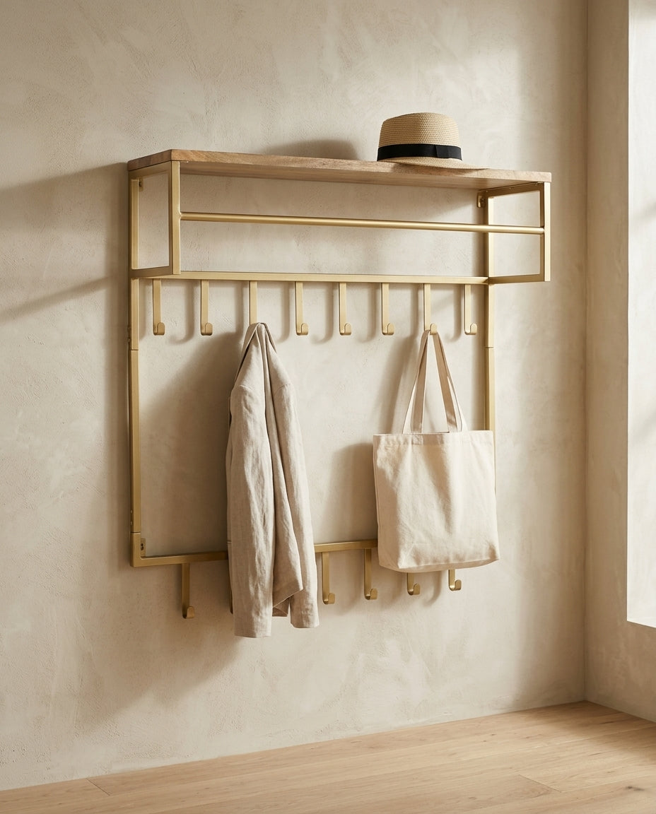 Wall-mounted coat rack with shelf — Japandi Lifestyle Entryway | Generated by Modelize