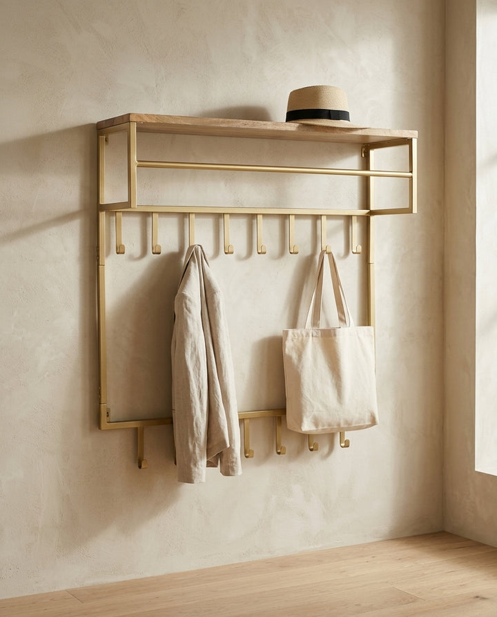Wall-mounted coat rack with shelf — Japandi Lifestyle Entryway | Generated by Modelize
