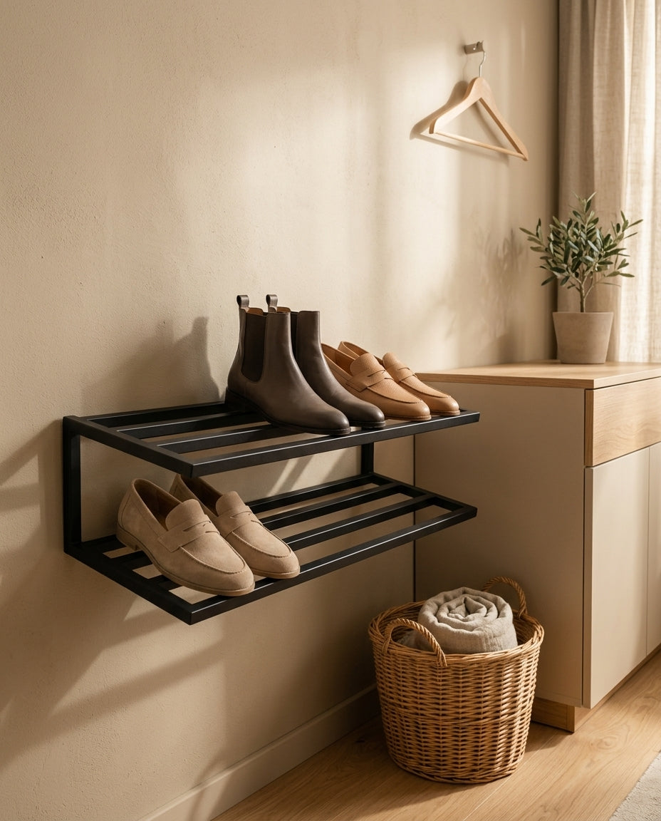 Double-tier wall-mounted shoe rack — Lifestyle Wardrobe Setting | Generated by Modelize
