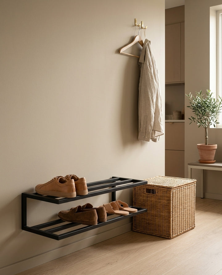 Wall-mounted shoe rack — Lifestyle Wardrobe Setting | Generated by Modelize